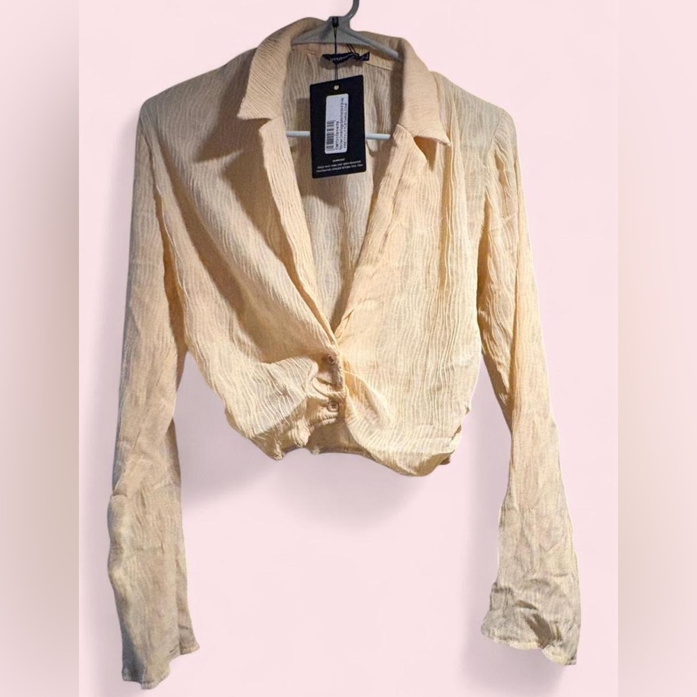 Cream Plunged Button-Up Blouse